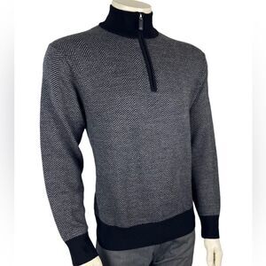 Cremieux Classics Zip Front Pullover in Gray/Black Chevron 100% Merino Wool Sz L
